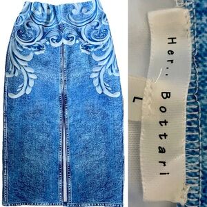 HER BOTTARI Trompe L’oeil Stretch DENIM LOOK Baroque Print MIDI SKIRT Size Large